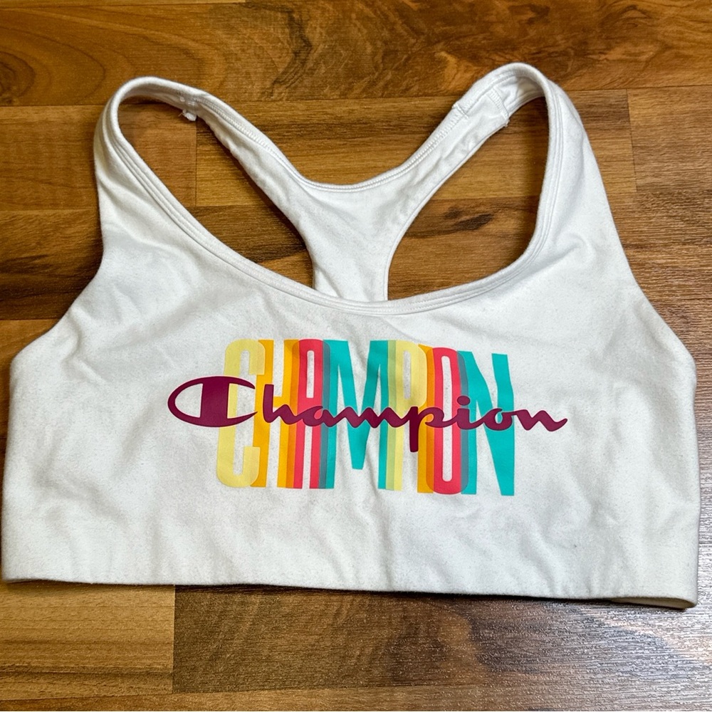 Champion Racerback Pullover‎ Sports bra size S-M 29 Band White With Boho Logo